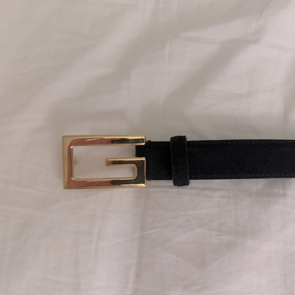 Gucci Gold Square G Logo Black Suede Leather Belt 523305 Women Size 105.42
